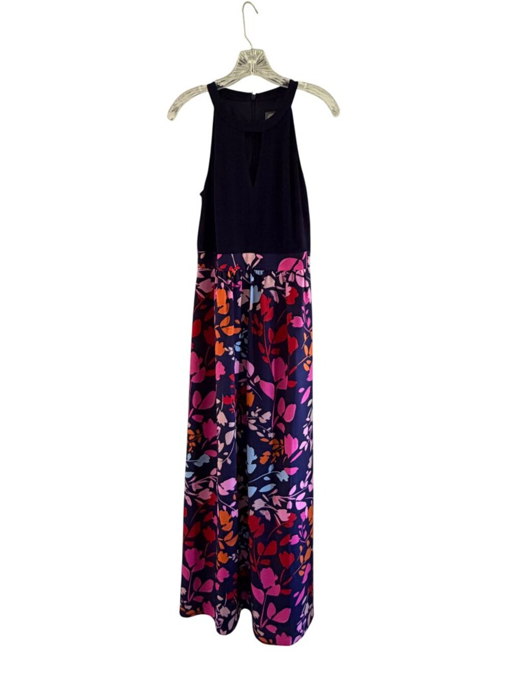 Vince Camuto Navy Floral Halter Maxi Dress Keyhole Tie Waist Elegant Size 6